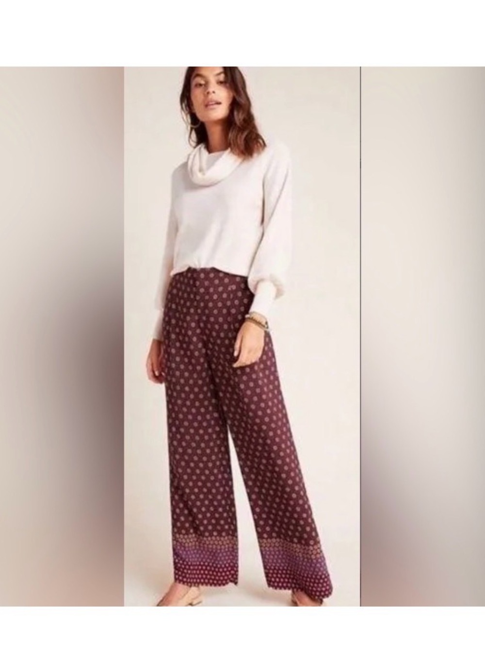 Anthropologie Burgundy Printed Wide-Leg Palazzo Pants